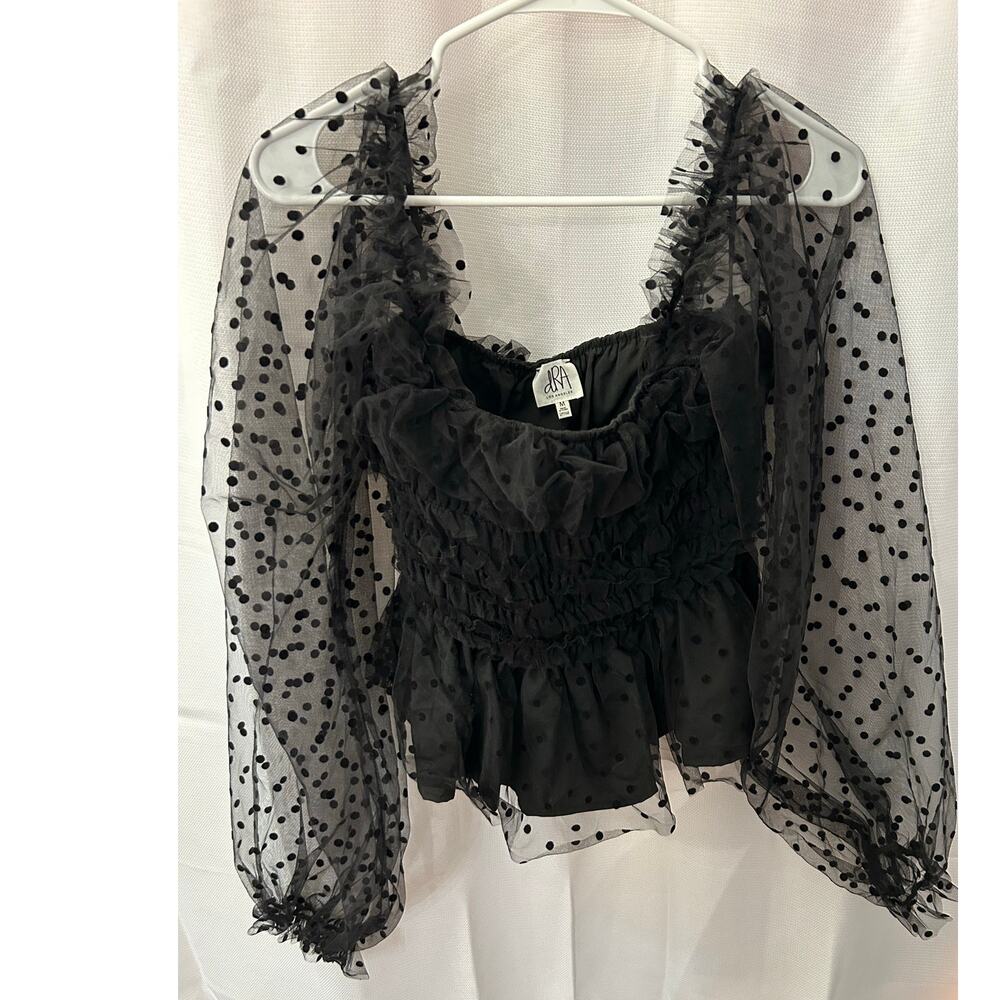Black Sheer Polka Dot Ruffle Top With Balloon Sleeves NWOT